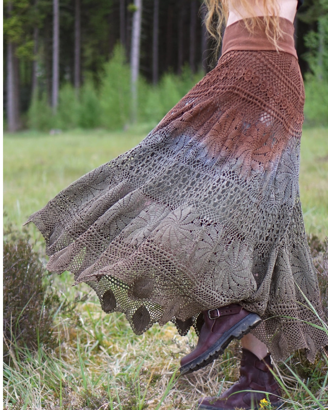 Crochet Maxi Skirt - Rust / Jade / Grey