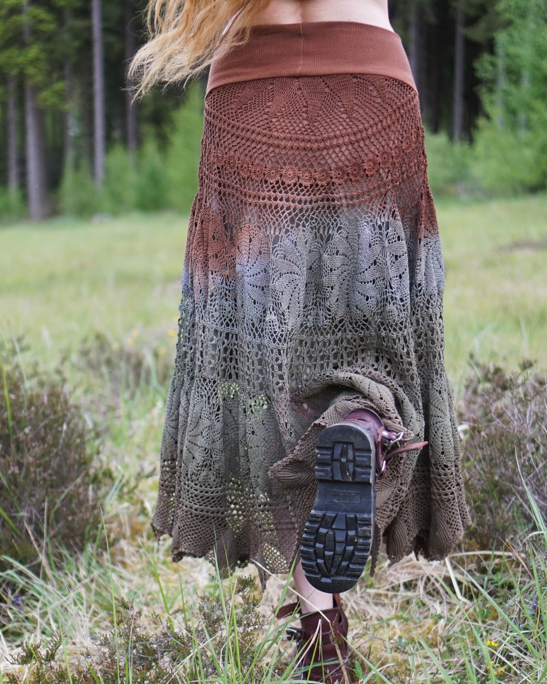 Crochet Maxi Skirt - Rust / Jade / Grey