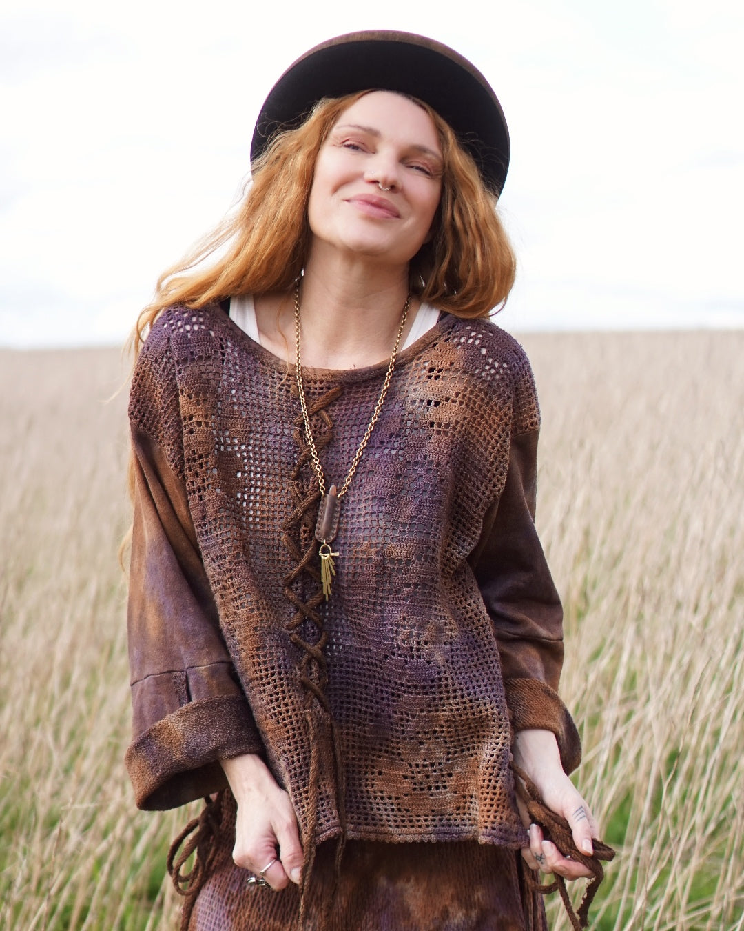 Crochet Oversize Jumper - Rusty Brown with Lilac