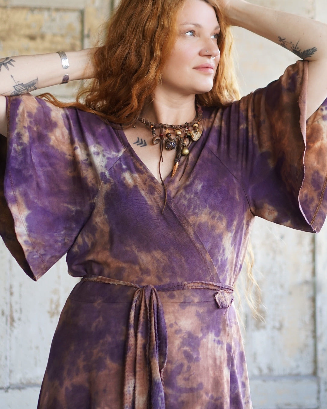 Wrap Dress   - Purple / Warm  Brown