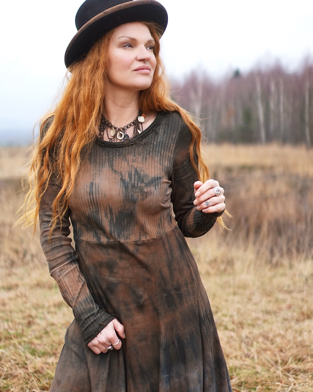 Rib Mix Midi Dress - Black Soil/Dark Rust