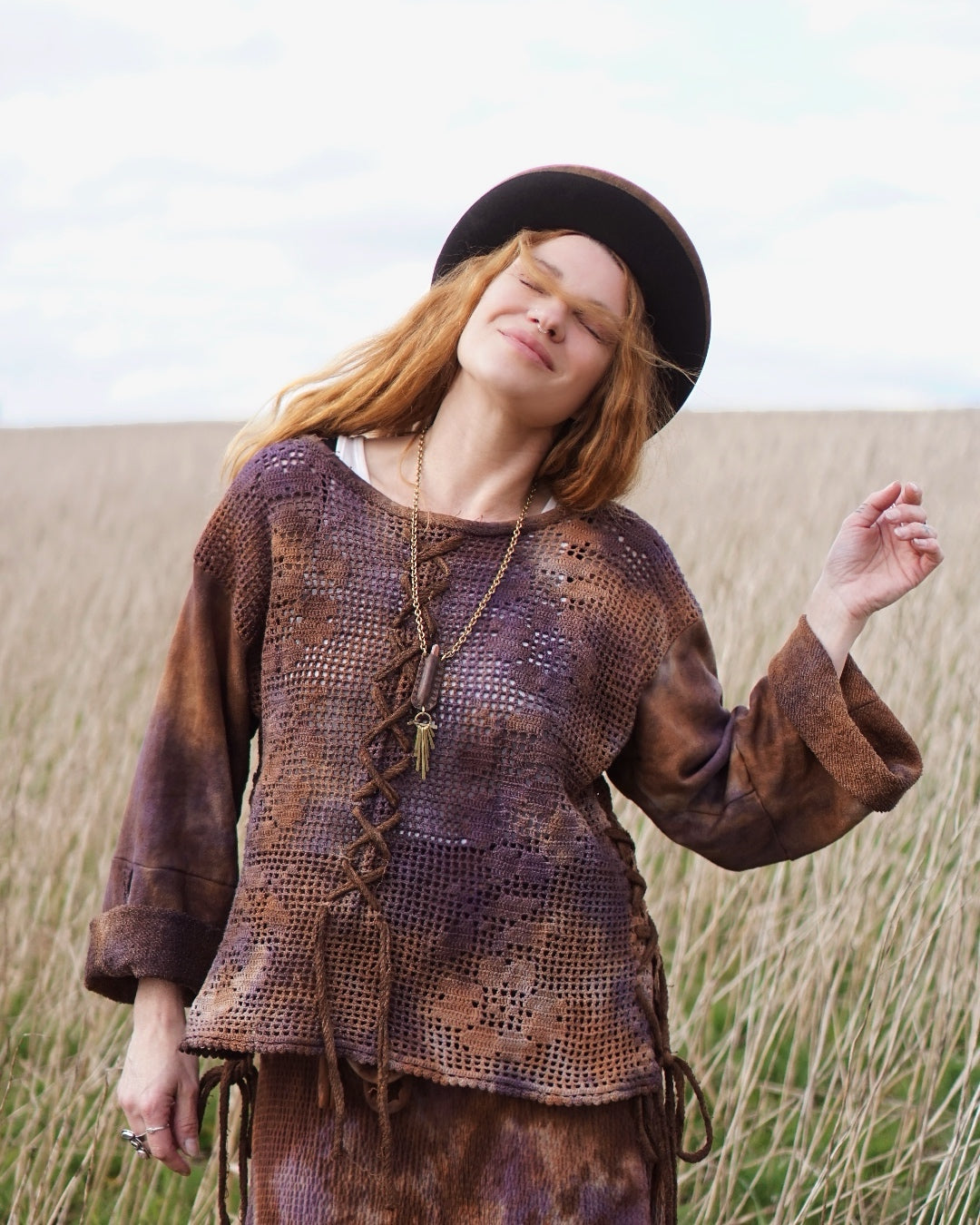 Crochet Oversize Jumper - Rusty Brown with Lilac