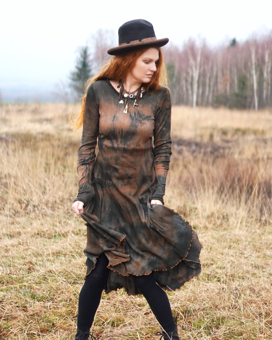 Rib Mix Midi Dress - Black Soil/Dark Rust