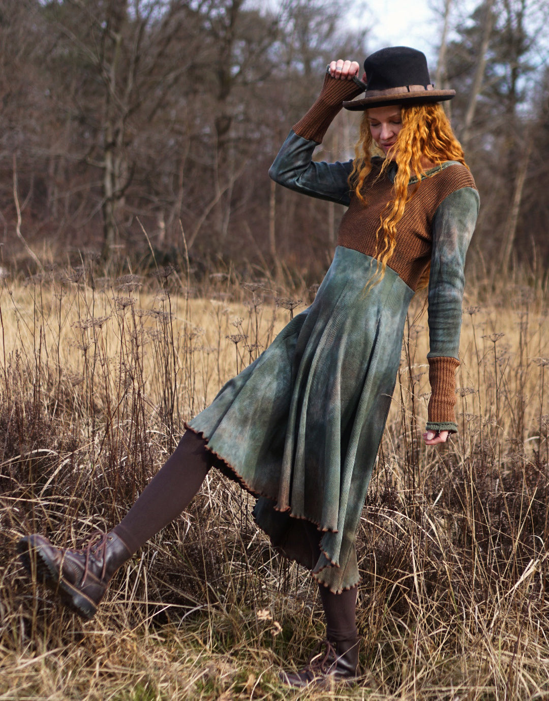 Knit Mix Midi Dress - Olive/Purple Black