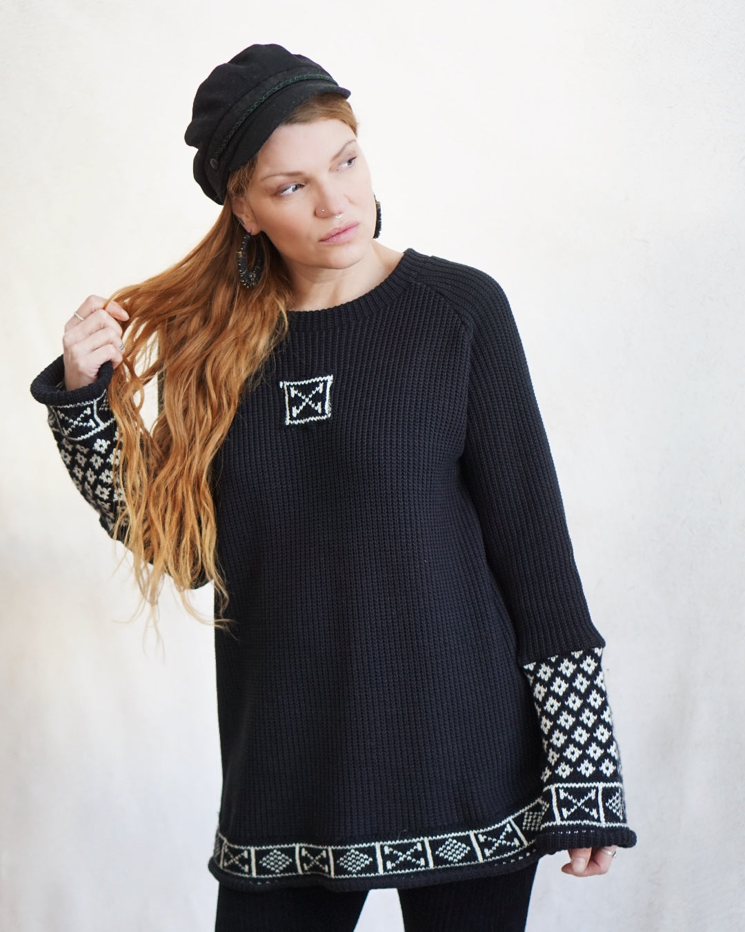 Nordic Crew Neck Knit Sweater  - Black