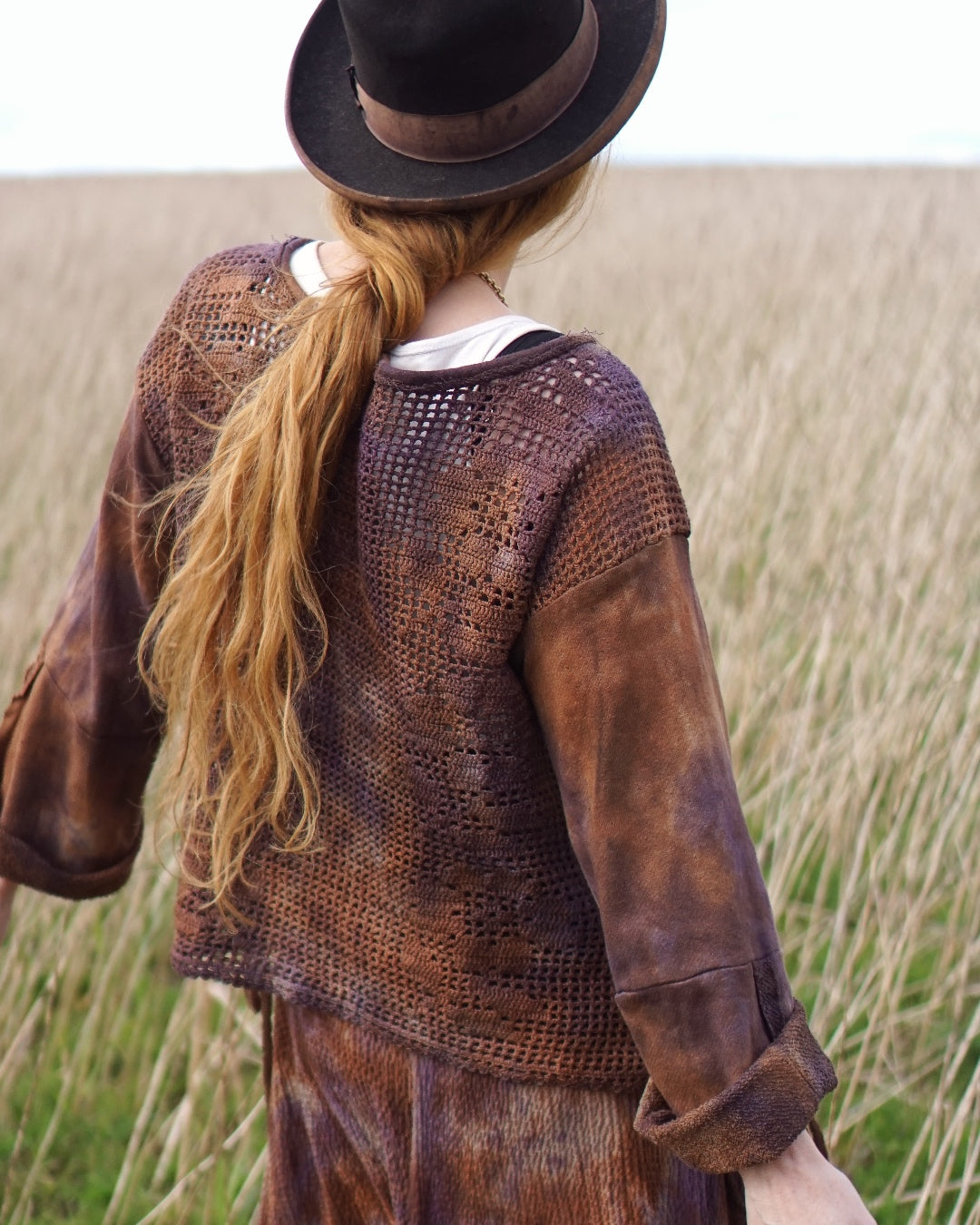 Crochet Oversize Jumper - Rusty Brown with Lilac